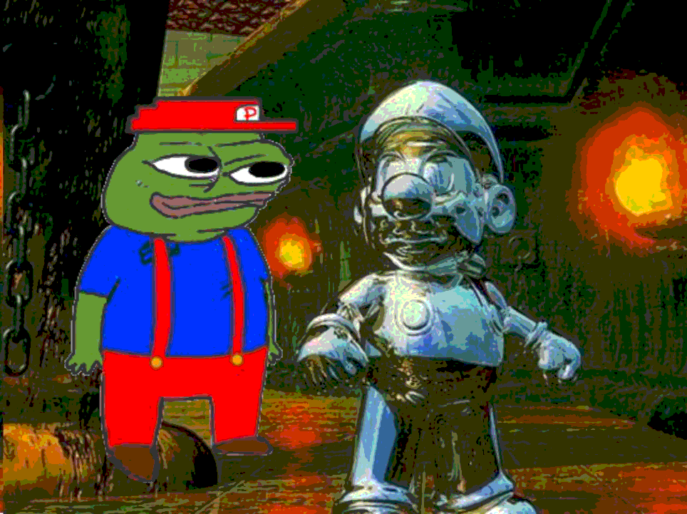 pepe standing with mario statue 