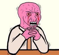 pink wojak folded hands sitting 