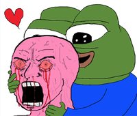 pink wojak hugged by pepe 