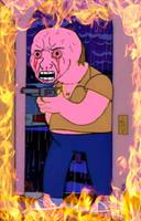 pink wojak pointing gun in flaming house 