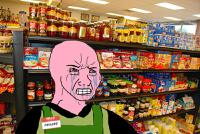 pink wojak stocking shelves 