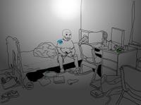 wojak doomer fit sitting in room 