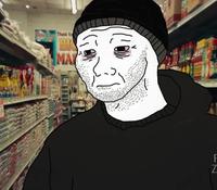 wojak doomer in chips aisle 