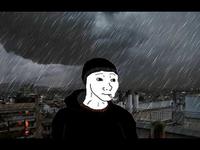 wojak doomer rainy industrial night 