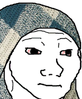 wojak hiding under blue plaid blanket 