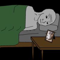 wojak in bed looking at cat 