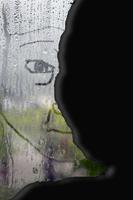 wojak looks out window raining reflection 