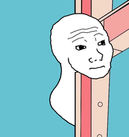 wojak peeks around steel frame 