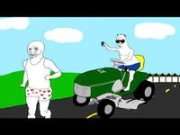 wojak runs from boomer on john deer tractor 