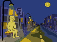 wojak sits under streetlight 