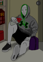 wojak sitting down after workout dark room 