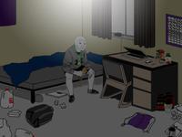 wojak sitting in messy room 