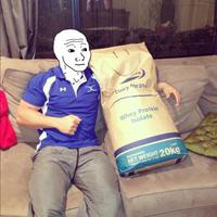 wojak sitting with 20kg protein bag 