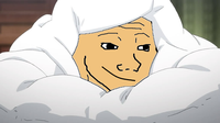 wojak smiling comfy under blanket 