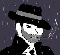 wojak smoking in fedora in rain 