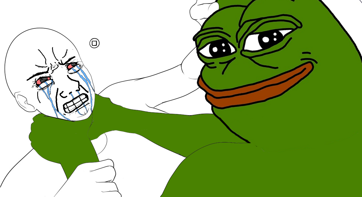 wojak seething choked by smug pepe.